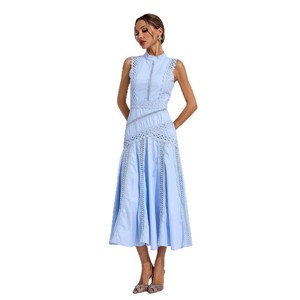 Robe de soirée midi blanche sans manches en dentelle, col rond, fermeture éclair sur le devant, taille naturelle, respirante - Product Image 5
