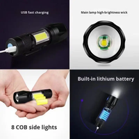 Mini lampe torche tactique COB LED rechargeable par USB, faisceau réglable, résistance aux éclaboussures IP55, corps en alliage d'aluminium, haute luminosité, mode SOS
