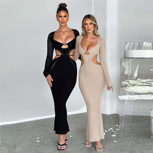 <span class=keywords><strong>SXE</strong></span> 2023 automne vêtements pour femmes nouveau Sexy col bas évider attaché mince longue robe - Product Image 4