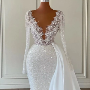 Vestido de Noche Premium Estilo Sirena con Brillo, Cuello en V, Mangas Largas, Espalda de Encaje, Largo hasta el Suelo, <span class=keywords><strong>para</strong></span> <span class=keywords><strong>Bodas</strong></span> y Eventos - Product Image 4