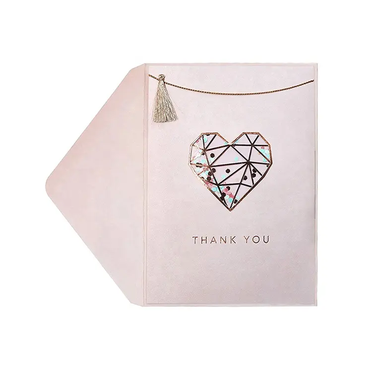 Nuevo producto hecho a mano Rose Foil Window Thank You Shaker Card, tarjeta de felicitación de impresión personalizada de lujo con sobres