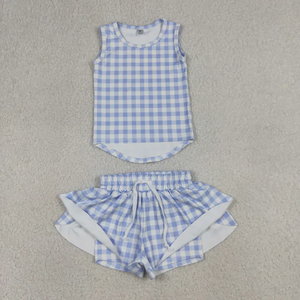 Baby Girls Kids Sleeveless Blue Plaid Tops Shorts Set Yoga <b>Clothes</b> - Product Image 6