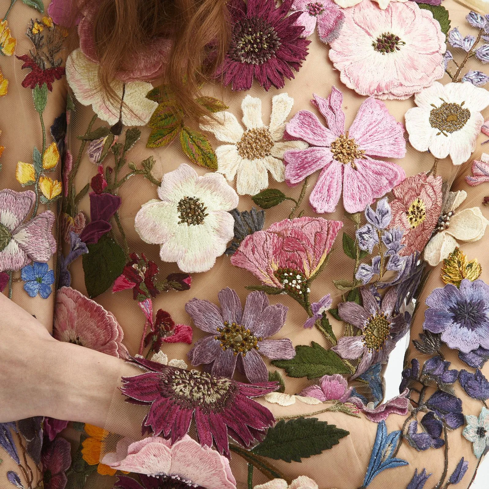 Multi-color 3D Floral Mesh Embroidery Applique Haute Couture Dress Fabric