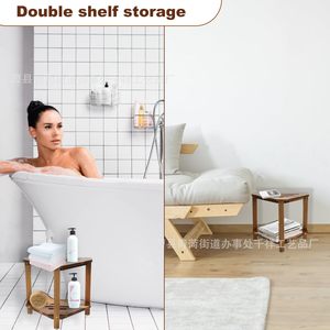 Tabouret de douche d'angle en bois Qianxiang avec étagère de rangement, siège de salle de bain en bois d'acacia 36,8x30,5x33,7 cm - Product Image 4