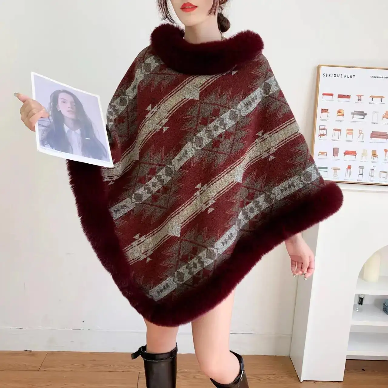 6 Colors New Loose Streetwear Printed Poncho Cloak Winter Velvet Warm O Neck Faux Rabbit Fur Women Pullover Shawl Coat