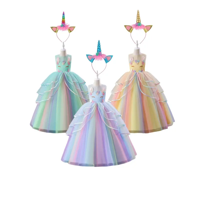 ärmellos applikation kinder mädchen prinzessin partykleid regenbogen farbe maxi lang kinder mädchen einhorn ausgefallenes kleid mit kopfband