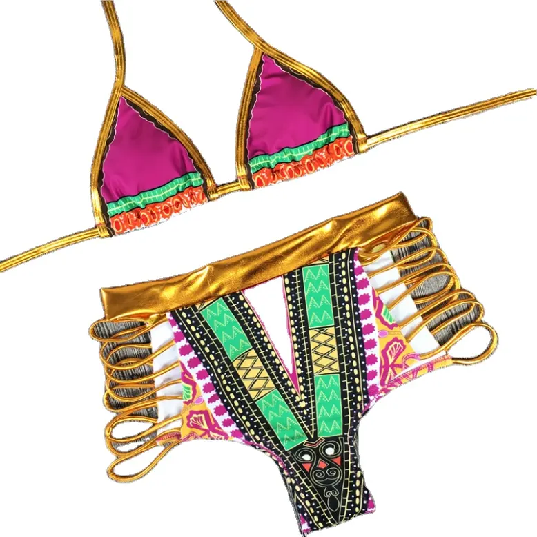 Hot Sexy thongs African Print Two-Pieces Women Strap High Waist Bathing Suits Swimsuit Push Up Swimwear