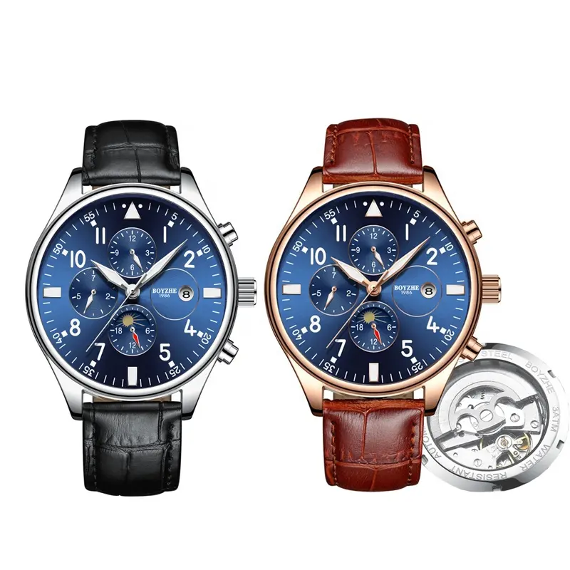 La fabbrica cinese vende direttamente il cronografo meccanico automatico dell'orologio con quadrante blu romano con cassa in vetro trasparente