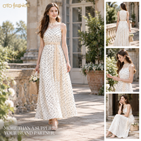 Robe longue blanche à pois pour femme, sans manches, col montant, avec dentelle, coupe évasée, romantique, vente en gros OEM, marque privée