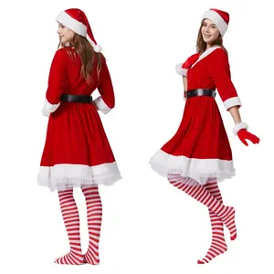 5PCS Women's Santa Dress Red Christmas Dress Suit Polyester Adult Xmas Clothing With Accessories