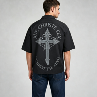 Chemises à boutons brodées noires à manches courtes, imprimées, coupe courte, style streetwear oversize, t-shirts respirants pour hommes