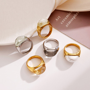 Stainless Steel <b>Titanium</b> <b>Ring</b> Imitation Pearl Resin Geometric Design Tension Setting For Women - Product Image 2