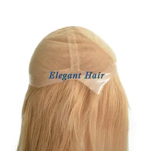 Rambut elegan pra-warna pirang sutra atas 5x5 PU depan Perimeter halus lurus penuh renda Wig untuk wanita