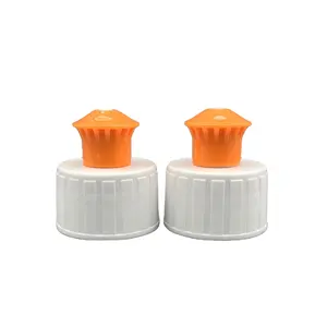 Custom Plastic PP flat shoulder pull cap cosmetic bottle orange mushroom top and white bottom bottle lids