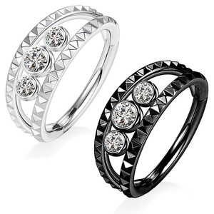 Anneau de nez double ligne en acier inoxydable avec strass taillés en pyramide et serti clos, bijou de piercing géométrique tendance - Product Image 1