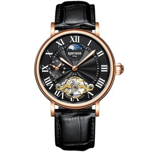 <span class=keywords><strong>Montre</strong></span> automatique pour <span class=keywords><strong>homme</strong></span> de style rétro, boîtier en acier inoxydable, verre, phase de lune, bracelet en cuir noir ajouré, résistant à l'eau - Product Image 1