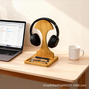 Natural Wood Desktop Organizer 12.08 In H Phone Stand Headphone Holder Multipurpose Storage Rack Office <b>Desk</b> <b>Accessory</b> - Product Image 5