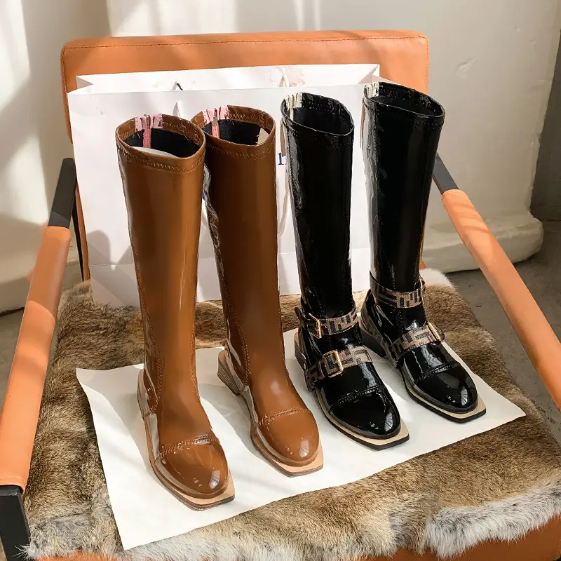 2021 new autumn winter high Knight boots women's belt buckle single square toe thick heel boots women