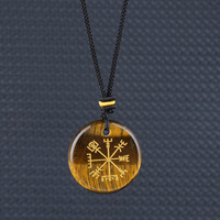 Collier Viking en Agate Naturelle avec Pendentif Boussole Rune Nordique, Bijou Amulette Vintage