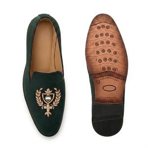 Premium Asken Atelier <b>Men's</b> Dark Green <b>Velvet</b> <b>Loafers</b> Embroidered Crest Emblem Anti-Slip Genuine Leather Lining Elegant Slip-On - Product Image 2