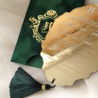 Enveloppes d'invitation en velours acrylique, finition bronzée miroir, style européen haut de gamme, personnalisées en usine, avec pompons, pour anniversaire et mariage