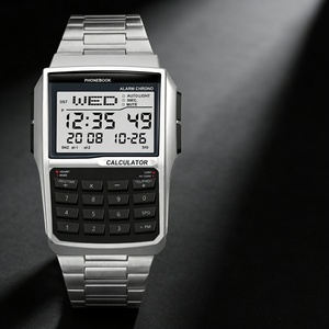 Montre électronique pour homme, style calculatrice, bracelet en alliage d'acier inoxydable, boîtier en plastique, montre pour étudiants et professionnels - Product Image 6