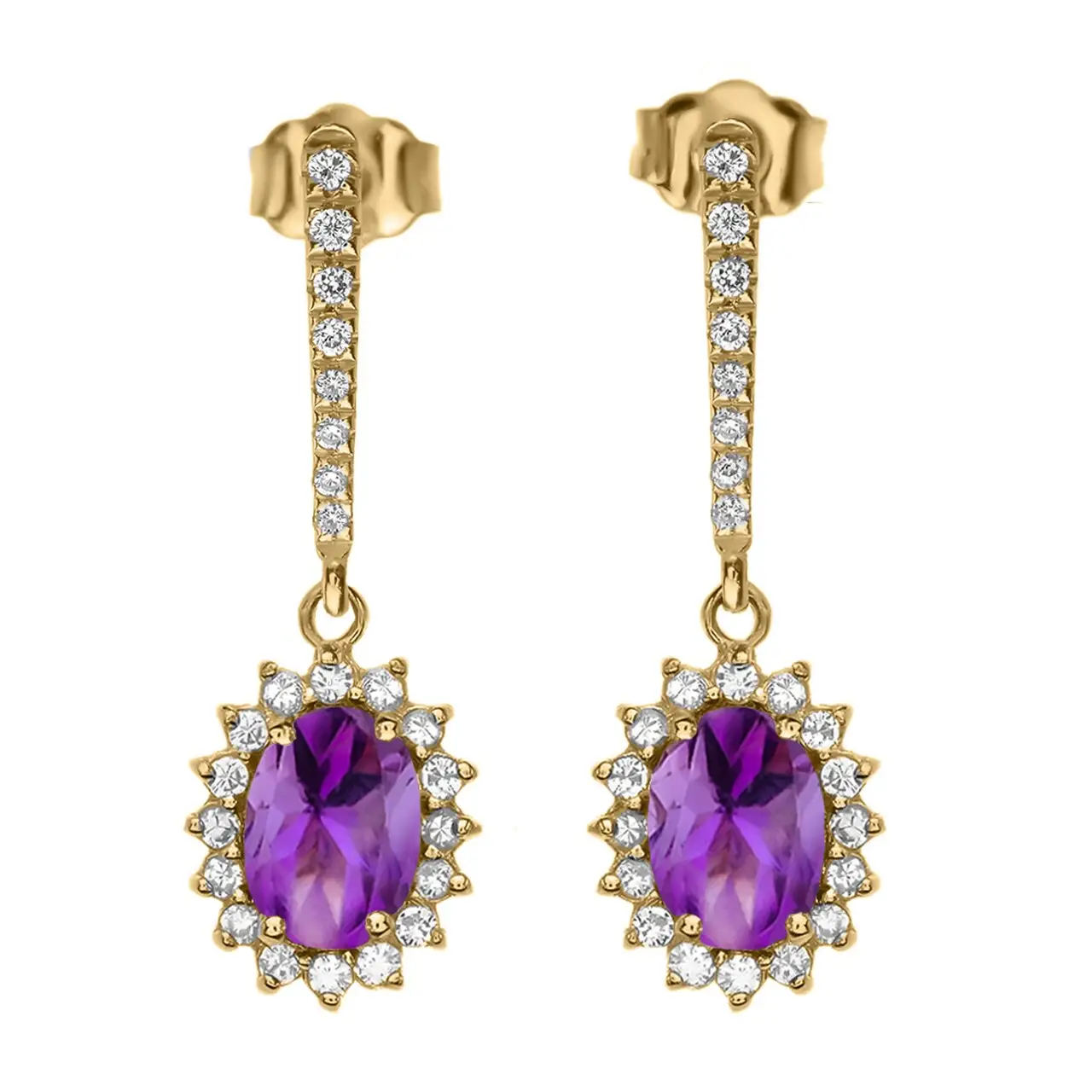 Luxury Jewelry Princess Cut Diamond and Amethyst Yellow Gold Earrings
