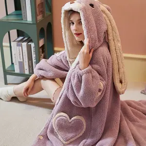 Fashion Lovely Rabbit with hood coral fleece soft thick winter holiday long bath robe women sleepwear, girls lovely pajama robe