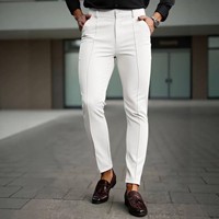 Celana Panjang Pria Slim Fit Model Crop dengan Jahitan Depan, Bahan Stretch, Kasual Bisnis, Panjang Semata Kaki, Warna Solid, Grosir, Logo Custom