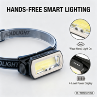 Lampe frontale LED COB rechargeable à capteur de mouvement avec affichage de la puissance, torche frontale mains libres étanche pour le camping, la pêche et les activités de plein air