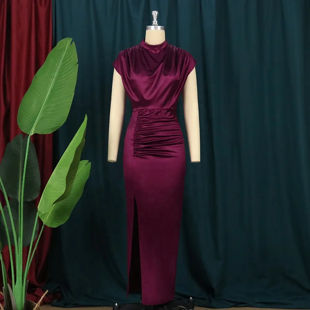 새로운 도착 패션 섹시한 기질 슬림 맞는 높은 허리 이브닝 드레스 반팔 단색 플러스 사이즈 가운 여성 의류
