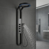 Panneau de douche mural contemporain de luxe noir multifonctionnel en acier inoxydable avec jet de massage doux et éclairage LED numérique