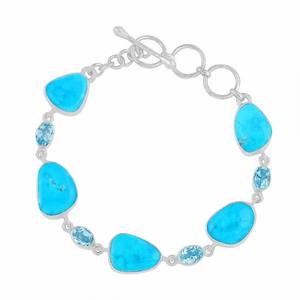 Natural Turquoise & Blue Topaz Gemstone 925 <b>Solid</b> Sterling <b>Silver</b> <b>Bracelet</b> OEM Handmade Fine Jewelry ODM Wholesale Birthstone - Product Image 1