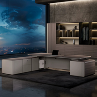 Meubles de bureau haut de gamme pour PDG, bureau de direction luxueux en forme de L, placage bois avec éclairage LED et panneau frontal côtelé pour directeur