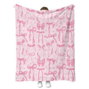 Wholesale <b>Pink</b> <b>Bow</b> Coquette Aesthetic Ribbon Floral Cherry Throw Blanket High Quality Customized Fleece Flannel Blankets - Product Image 1