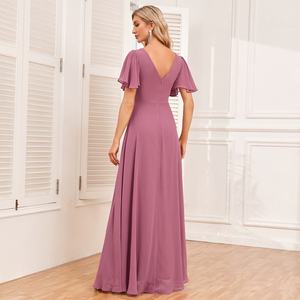 Elegante Vestido de Fiesta de Gasa con Corte en A para Mujer, Cuello en V, Manga Corta, Decoración de Encaje, Vestido Brillante de Dama de Honor para Otoño - Product Image 3