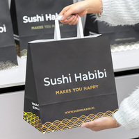 Sacs en papier kraft noir recyclables pour restaurant, vente en gros, logo personnalisé, emballage alimentaire à emporter pour sushis, sacs de shopping à poignée plate