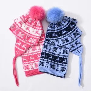 Gorro con orejeras de punto de Cachemira de invierno, bufanda larga, 2 uds., invierno, nieve, Reno, Jacquard, diseño navideño, venta al por mayor, conjuntos de gorros y bufandas