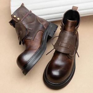 Botas de Cuero de Estilo Italiano Retro Casual, Talla Grande, con Cordones, Punta Redonda, Antideslizantes, que Aumentan la Altura, Botas de Otoño - Product Image 1