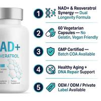 Capsules de complément alimentaire NAD+ Resvératrol Quercétine, antioxydant, santé cellulaire, végétalien, sans sucre, 60 capsules, étiquette privée OEM