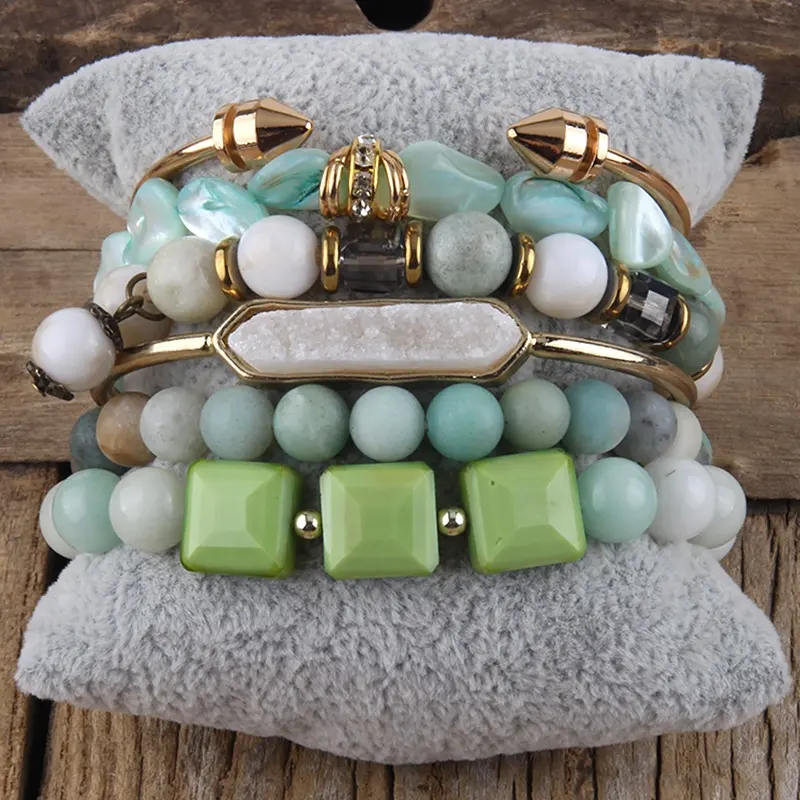 Conjunto de pulsera con cuentas de piedras preciosas naturales, brazalete de piedras preciosas, color blanco