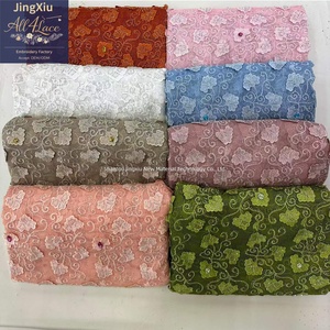 Tissu en dentelle de tulle brodé de perles et de strass floraux 3D vert olive pour robes de mariée nigérianes Aso Ebi - Product Image 6