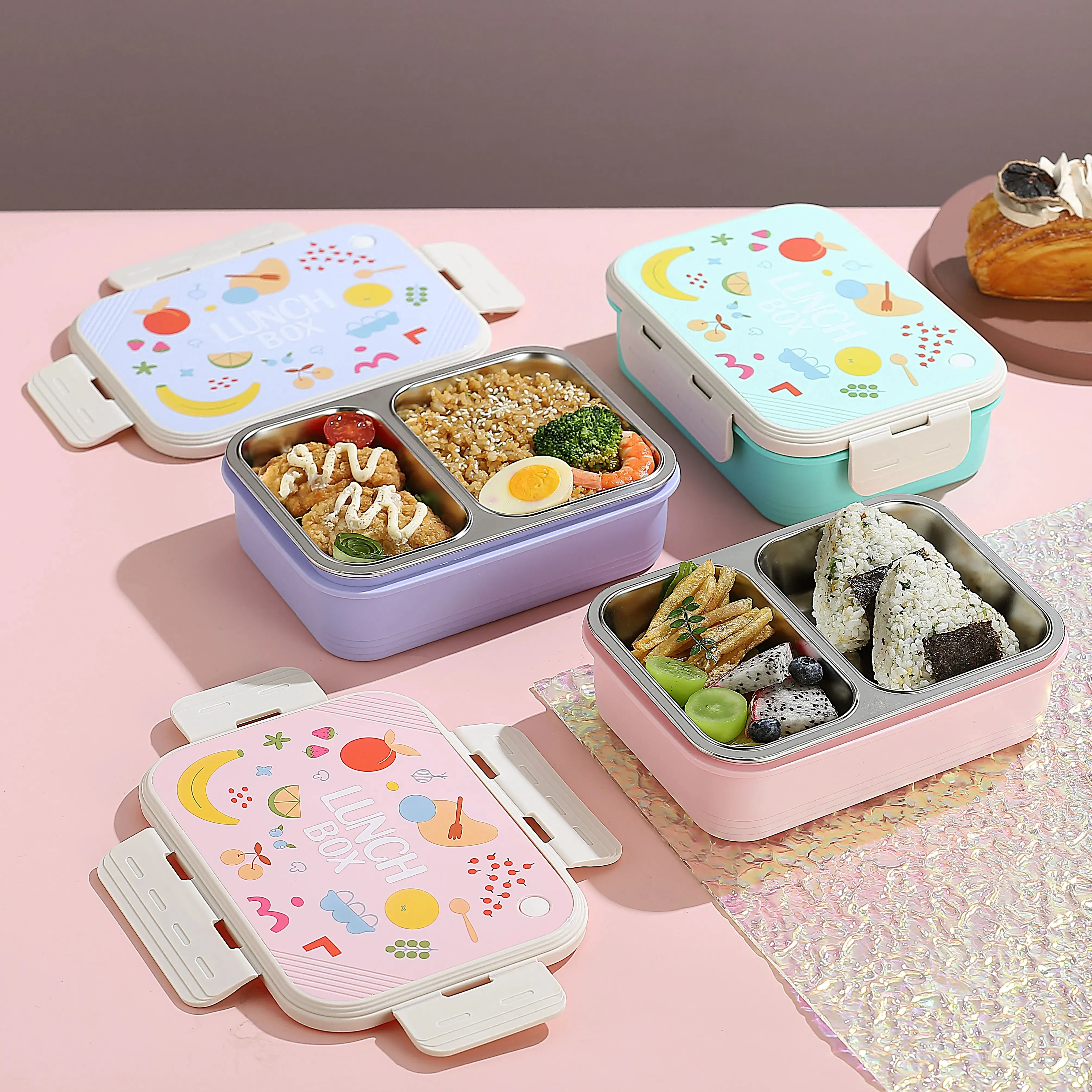 Kotak makan siang Bento anak, kotak makan siang anti bocor 600ML 2 kompartemen, kotak makanan 304 Stainless Steel