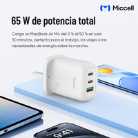 Chargeur rapide compact Miccell 65W GaN avec double port USB-C pour ordinateur portable, téléphone et voyageurs