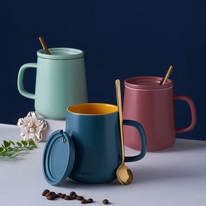 Ceramic Mug With Lid And Spoon Solid Color Two-piece <b>Set</b> Coffee <b>Cup</b> For Everyday Use - Product Image 1