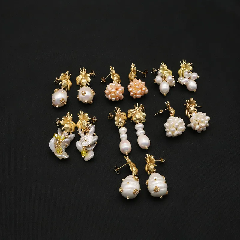 Orecchini pendenti ape perla d'acqua dolce naturale per donna placcato in oro 18 carati animale design originale 2022 gioielli di lusso di marca