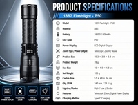 Lampe torche tactique LED haute puissance, ultra-lumineuse, IP54, mise au point réglable, faisceau de 200-300 m, charge USB, camping, pêche