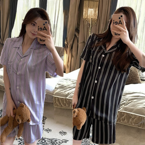 Ensemble de vêtements de nuit pour femmes, imprimé géométrique uni, manches courtes, 100% soie, doux, respirant, pyjama, vêtements de détente, vêtements de nuit - Product Image 2