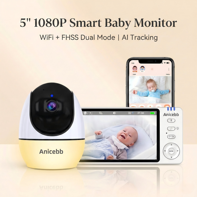 BBM Wholesale OEM 5in 1080P WiFi Baby Monitor Camera IR Night Vision Two-Way Audio Sound Detection Ambient Light Lullabies