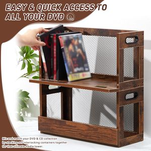 Wooden Storage Basket With Mesh Panel 3 Tier Portable Office Organizer For Cd Dvd Vinyl <b>Records</b> And Documents - Product Image 3